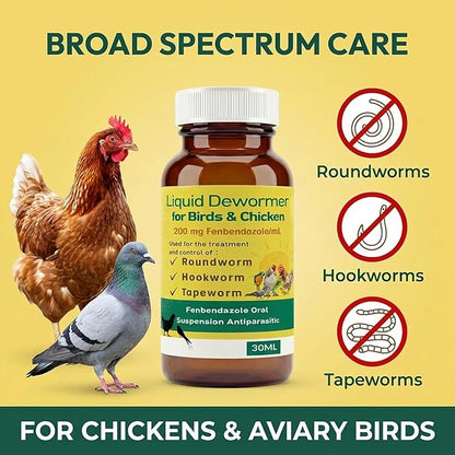 Dewormer for Chickens and Birds Fenbendazole Broad Spectrum Targets Tapeworm Roundworm &Hookworm for Laying Hens Poultry Aviary Wormer Liquid for Pet Birds, Pigeons and Flocks (30ml)