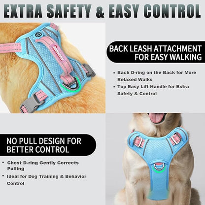 BARKBAY No Pull Dog Harness Large Reflective Dog Harness with Front Clip and Easy Control Handle for Walking Training Running with ID tag Pocket(Baby Blue & Baby Pink,L)