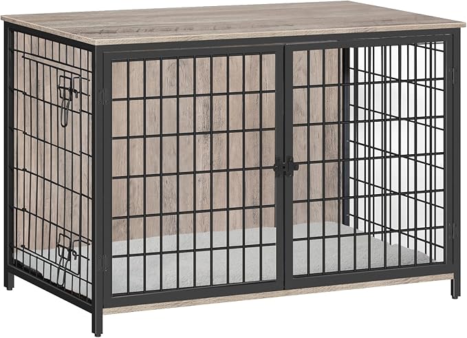 MAHANCRIS Dog Crate Furniture with Cushion, Wooden Dog Kennel with Double Doors, Heavy Duty Dog Cage for Small/Medium/Large Dogs, Indoor Dog House End Table, 39.4" L, Greige DCHG10701