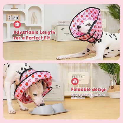 Avont Dog Cone Alternative, Adjustable Soft Comfy Foldable E Cones for Medium Large Dogs After Surgery, Escape-Proof Elizabethan Collar for Surgical Wound Recovery Stop Licking -Strawberry(M)