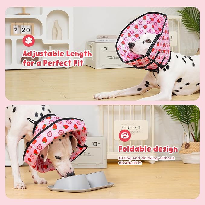 Avont Dog Cone Alternative, Adjustable Soft Comfy Foldable E Cones for Medium Large Dogs After Surgery, Escape-Proof Elizabethan Collar for Surgical Wound Recovery Stop Licking -Strawberry(XL)