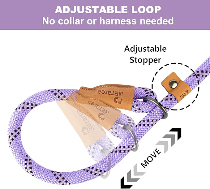 5 FT Slip Lead Dog Leash, Heavy Duty Rope Leash for Small Medium Large Dogs, No Pull Training Lead with Reflective Thread, Strong Comfortable Loop Leash (Lavender Stripe, Large(1/2"))