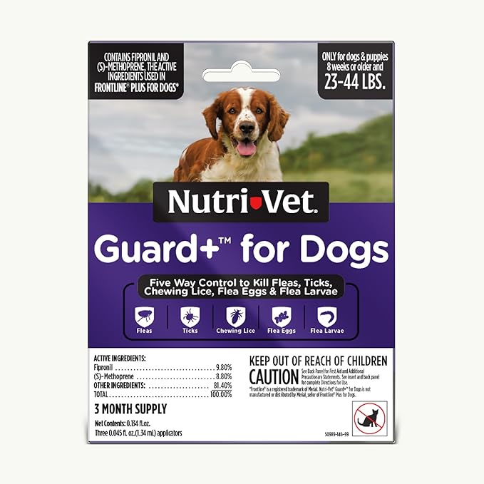 Nutri-Vet Guard+ for Dogs - Flea & Tick Prevention Treatment for Dogs 23-44 lbs. - Waterproof Topical- 90 Days of Protection - 3 Monthly Doses