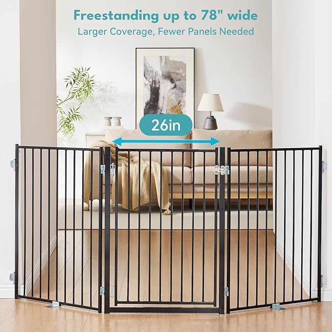 No Pawblems Free Standing Dog Gate with Door, 36'' Tall Foldable Dog Fence for Indoor & Outdoor, Up to 78 Inch Extra Wide Puppy Gate for Stairs, Hallways, Doorways, Deck, Yard (Black, 3 Panels)