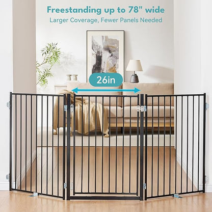 No Pawblems Free Standing Dog Gate with Door, 36'' Tall Foldable Dog Fence for Indoor & Outdoor, Up to 78 Inch Extra Wide Puppy Gate for Stairs, Hallways, Doorways, Deck, Yard (Black, 3 Panels)