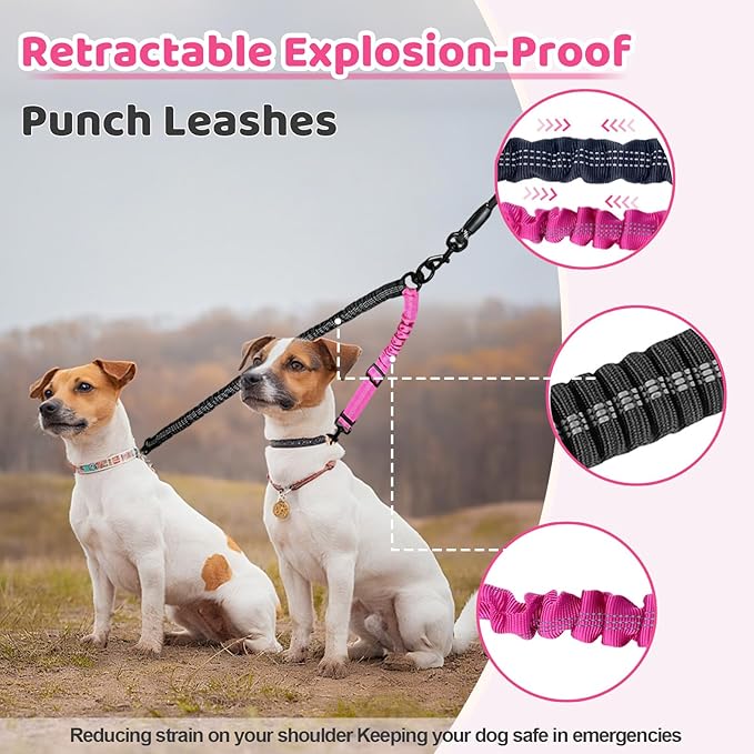 Double Dog Leash - 360°Swivel Tangle Free Splitter Attachment, 2 Dogs Multi-Functional Leashes, Dual Rope for Outdoor Walk Train Small Medium Large Two Pet, Fuchsia