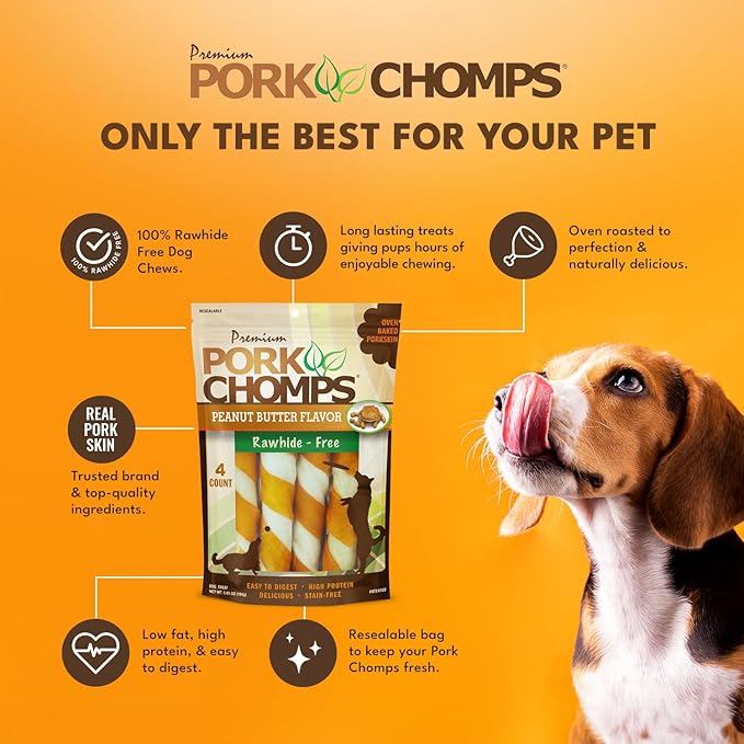 Pork Chomps Baked Pork Skin Dog Chews, 6 Inch Twists, 4 Count - Peanut Butter Wrap - Long-Lasting Treats for Dogs - High Protein, Rawhide-Free, Low Fat, Healthy & Delicious Chews