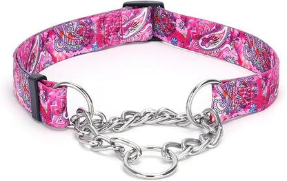 Martingale Dog Collar with Stainless Steel Chain - Limited Chain Cinch Training Collar for No Pull Training Dog - Flower Multicolor Cute Patterns - Premium No Slip Collar (XL, Pink)
