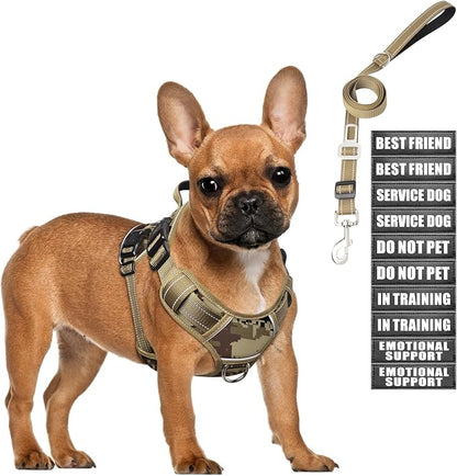 Tactical Dog Harness and Leash Set Small Sized Dog,Heavy Duty No Pull Service Dog Vest and 10 Patches with Dog Seat Belt,Reflective Adjustable Pet Harness for Training Walking Hiking Camo S