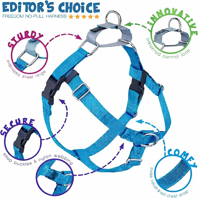 2 Hounds Design Freedom No Pull Dog Harness, Adjustable Harness, Easy Walking & Comfortable Control, Fits Small, Medium & Large Dogs, Solid Colors, Made in USA, 5/8" XS, Turquoise