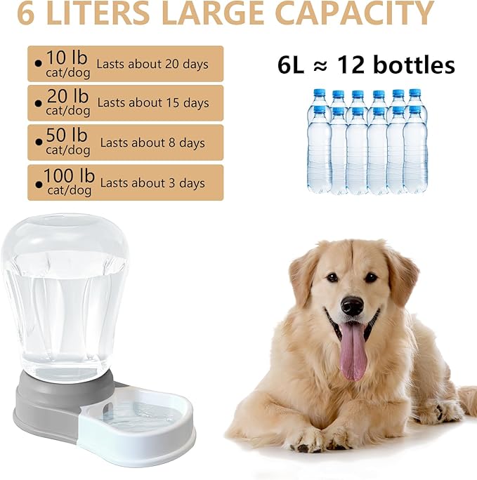 STALTWO 1.6 Gallon Automatic Dog Water Dispenser, Large Capacity Gravity Pet Water Bowl for Multiple Pets, BPA-Free Cat Water Feeder for Large Dogs, Refill Less Often, Grey