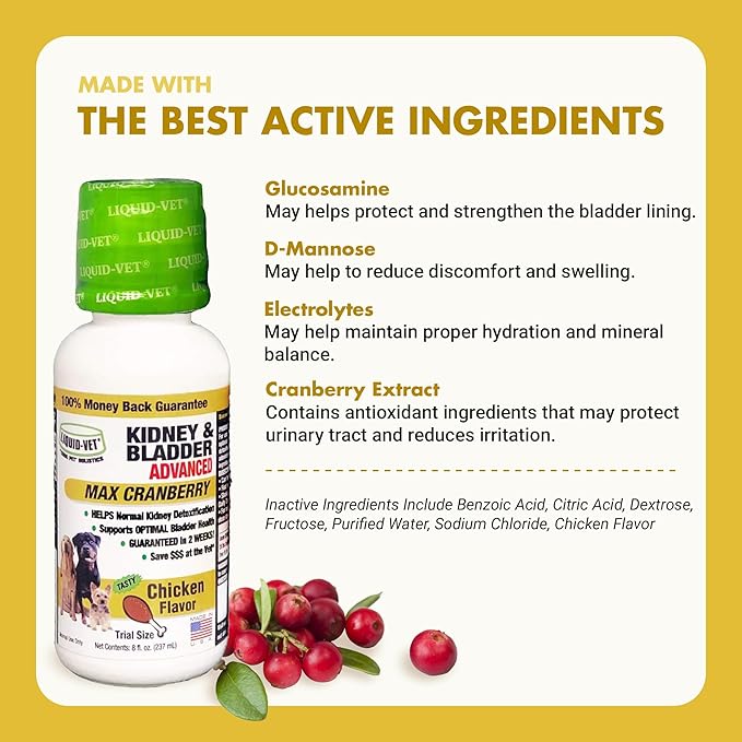 Premium Easy to Dose Liquid for All Dogs with Cranberry & D-Mannose: Comprehensive Dog Formula for Kidney & Bladder Support