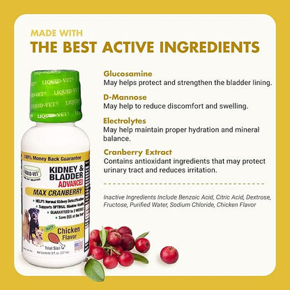 Premium Easy to Dose Liquid for All Dogs with Cranberry & D-Mannose: Comprehensive Dog Formula for Kidney & Bladder Support