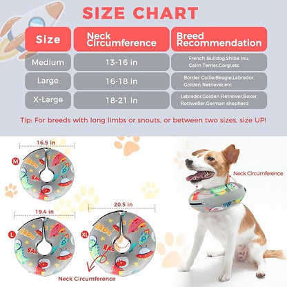 PAWCHIE Inflatable Dog Cone Collar Alternative, Soft Dog Cone for Medium to Large Dogs After Surgery, Adjustable Neck Recovery E-Collars Donut Collar with Cute Dinosaur Prints, Grey M