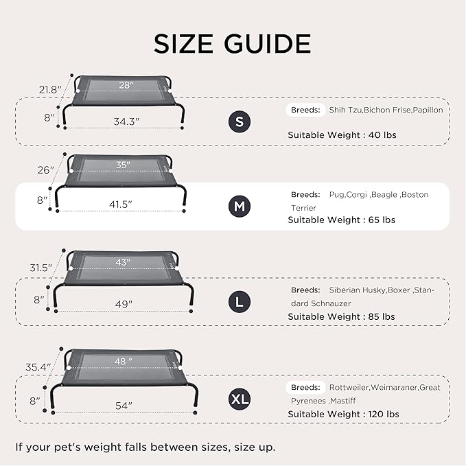 Bedsure Outdoor Elevated Dog Bed Medium Size Dog, Portable Indoor & Outdoor Cooling Raised Cot Pet Hammock Bed with Skid-Resistant Feet, Frame with Breathable Mesh, Grey, 43 inches