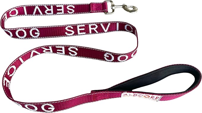 Albcorp Service Dog Leash - Embroidered- with Padded Neoprene Handle and Reflective Threads, 4 Feet, for Harnesses, Vests or Collars, Maroon