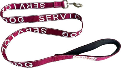 Albcorp Service Dog Leash - Embroidered- with Padded Neoprene Handle and Reflective Threads, 4 Feet, for Harnesses, Vests or Collars, Maroon