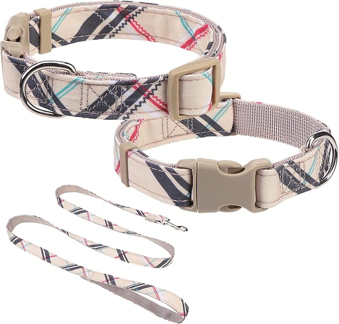 Dog Collar and Leash Set for Small Dogs, Adjustable Soft Puppy Collar with Quick Release Buckle, 5FT Heavy Duty Nylon Matching Leash for Boy Girl Chihuahua, Yorki, Bulldog, Beige XS