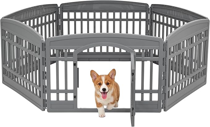 IRIS USA 24" Dog Playpen 6-Panel Pet Exercise Pen with Door Gate 61x61x24 Puppy Play Pen Indoor Outdoor Plastic Heavy Duty Foldable Portable Pet Fence for Small Medium Dogs Puppies Multiple Pets Gray
