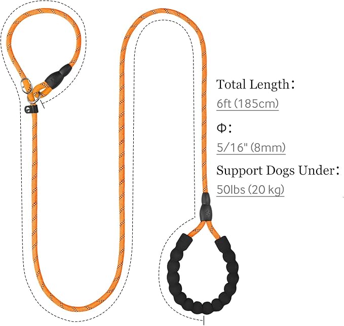 TagME 6ft Slip Dog Lead, No Pull Reflective Training Leash with Padded Handle, Professional Rope P-Leash for Small Medium Large Dogs, Heavy Duty Correction Lead for Walking & Training (Orange)