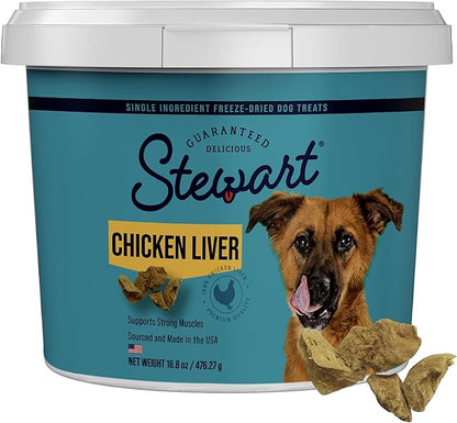 Stewart 100% Chicken Liver Dog Treats, 16.8 oz Tub, ~315 Pieces, Freeze Dried Raw, Single Ingredient, 60% Protein Training Treats or Meal Topper, Grain Free, Gluten Free