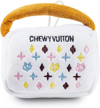 Haute Diggity Dog Chewy Vuiton Handbag Plush Squeaky Dog Toy, Soft Durable Designer-Inspired Stuffed Puppy Chew Toys for Small & Medium Dogs, Machine-Washable (White) Small