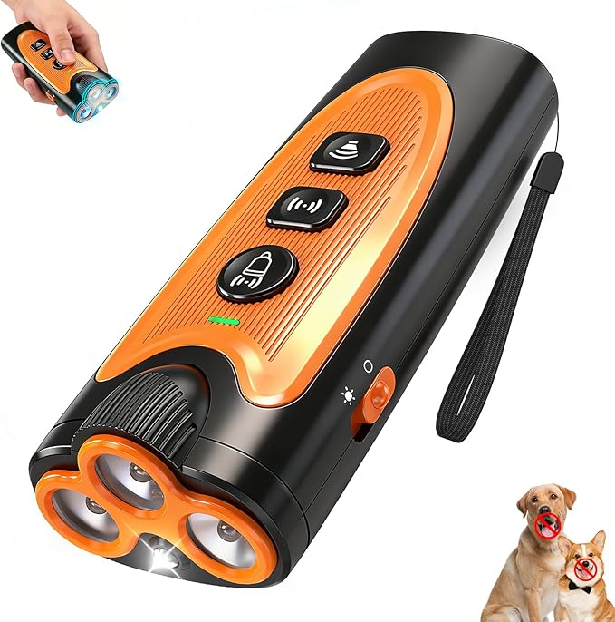Dog Bark Deterrent Devices, 3X Ultrasonic Anti Barking Device for Dogs, 50 FT Range Stop Neighbors Dog Barks, Portable Dog Training Tool with Flashlight, Safe & Humane for Indoor Outdoor Use, Orange