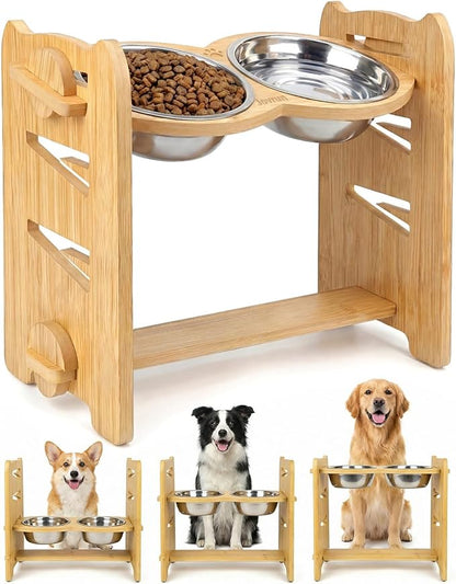 Jovrun Elevated Dog Bowls, Adjustable Raised Dog Bowl Stand for Medium Size Dogs, 15°Tilted Elevated Dog Bowls, Durable Bamboo Dogs Feeder with 2 Stainless Steel Bowls and Non-Slip Feet