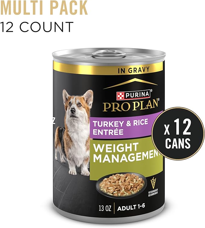 Purina Pro Plan Weight Management Wet Dog Food Turkey and Rice Entree in Gravy - 13 oz. Cans,(Pack of 24)