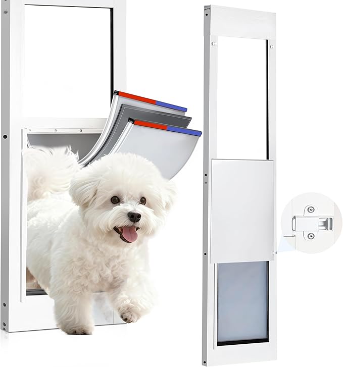 Dog Door for Sliding Glass Door,3-Layer Reinforce Door Flap,Thermal Insulation,Anti Deform,Magnetic Strip X2 Effective Weatherproof,Heavy-Duty Aluminum Frame,76-80" Adjust,for Large Dog Under 40lb