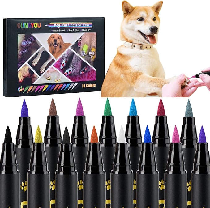 OLINGYOU 15 Colors Dog Nail Polish Pens Quick Dry, Pet Nail Polish Set for Dogs DIY Dogs Puppy Nails, Dog Safe Nail Polish Non Toxic, Odorless, Easy to Apply