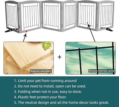 ZJSF Freestanding Dog Fence Indoor, Foldable Dog Gate for Doorways, Stairs or Hallways, Sturdy Wood Extra Wide Pet Gate with Support Feet for The House, Grey, 24 "Height-6 Panels
