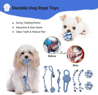 MRSOHRET Upgraded 21Pcs Puppy Chew Toys - Blue Puppy Chew Toys Bundle for Teething, Puppies Teething Toys with Durable Rope Rubber Ball, Pet Interactive Toys for Small Medium Dogs with Basket