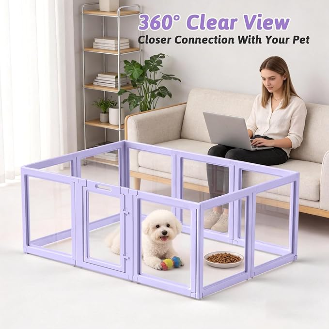 DIY Clear Acrylic Dog Playpen House,Quick Easy Assembly and Disassembly,Strong Floor Suction,Indoor and Outdoor Use,Easy Cleansing Puppy Fence (Purple, 23.6" H, 10PCS)