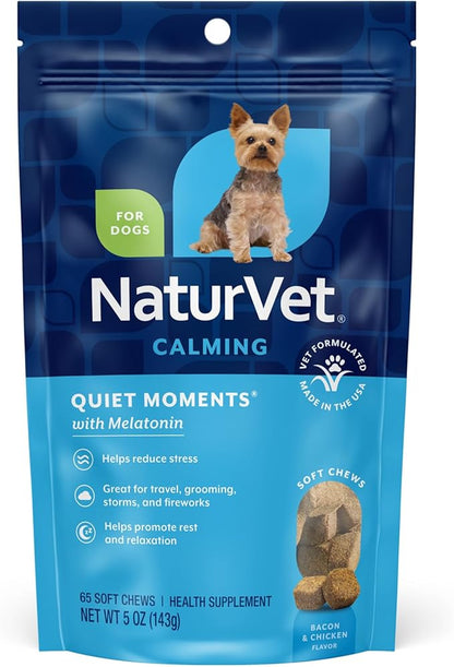 NaturVet Quiet Moments Calming Dog Supplement, Dog Soft Chews with Melatonin to Help Reduce Stress from Storms, the Vet, Fireworks, and Travel, Bacon and Chicken Flavored Pet Supplement, 65 Count