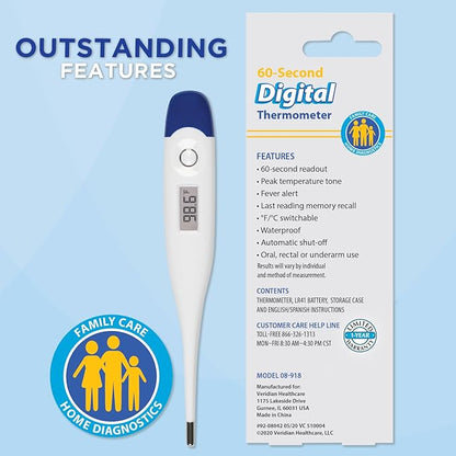Veridian Healthcare Digital Thermometer | 60-Second Readout | Fever Alert + Memory Recall| Clinical Rigid Tip | Hygienic Water-Resistant Easy Cleaning | Storage Case + Probe Covers Included