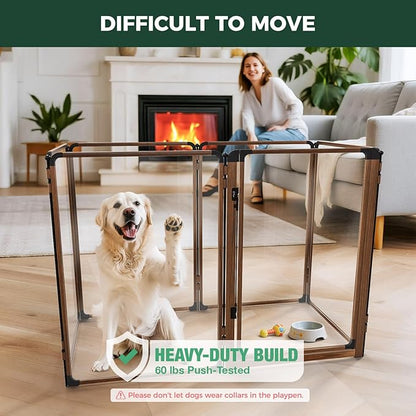 FXW AuraSpace Pro Acrylic Indoor Dog Playpen, Heavy-Duty with Metal Frame, 40" Height 6 Panels for Medium and Large Dogs, Walnut│Patented