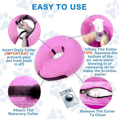 Inflatable Dog Cone Collar, Soft Dog Cone Blow-up Protective Recovery Collar, Pink (L Size)