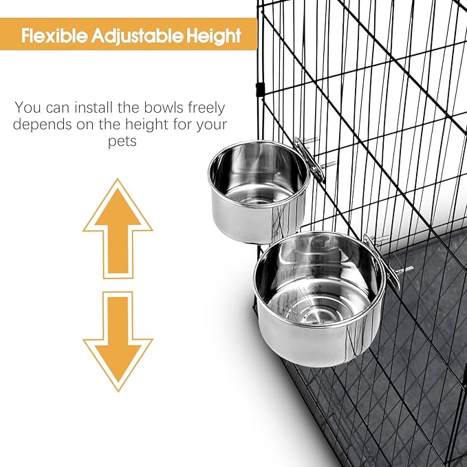 3 Pcs Large Pet Dog Food Water Bowl for Cage Stainless Steel Kennel Hanging Cats Pets Bowls with Clamp Holder Crate Feeder Dish for Medium Large Dogs (7.1x3.5'' & 6.3x2.6'' & 5.5x3.1'')