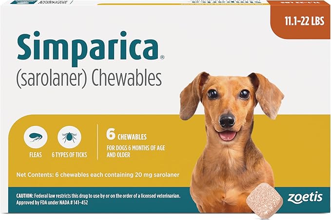 Simparica (sarolaner) Chewables for Dogs, 20 mg/tab, 11.1-22 lbs (Caramel), 6 Tablets