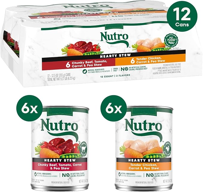 Nutro Hearty Stew Canned Wet Dog Food, Natural Grain Free Dog Food Wet Cuts in Gravy Chicken Beef Variety Pack, 12.5 oz Cans (12 Count, Pack of 1)