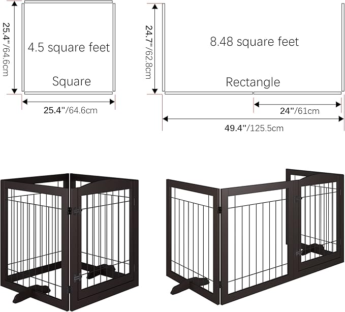 Vantas Folding Pet Gate 96" Wide, 30" Tall No-Assembly Wooden Dog Gate with Door Walk Through, Freestanding Wire Pet Puppy Safety Fence, with 2PCS Support – Espresso