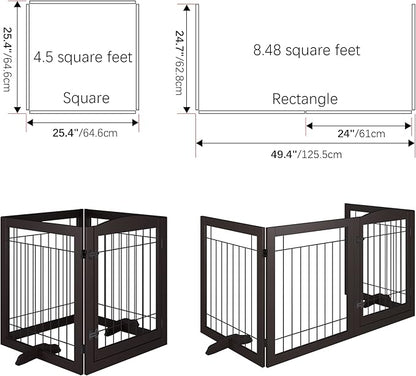 Vantas Folding Pet Gate 96" Wide, 30" Tall No-Assembly Wooden Dog Gate with Door Walk Through, Freestanding Wire Pet Puppy Safety Fence, with 2PCS Support – Espresso