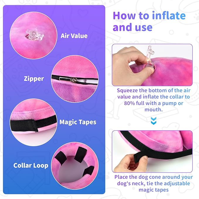 Dog Cone, Y-blue Cone Collar Inflatable Dog Neck Collar Recovery E-Collar Alternative, Cat Donut Collar After Surgery for Dogs and Cats(Rose Purple, M)