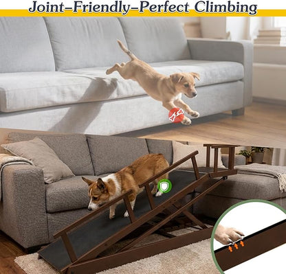 6 Level Height Adjustable Dog Ramp for Bed, Couch 65" Foldable Pet Ramp with Non-Slip Mat，DIY Glow Strips & Rest Platform Heavy Duty Dog Stairs for Large Dogs up to 200Lbs ，Brown