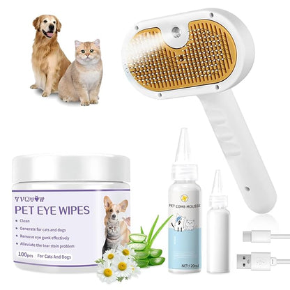 Pet Steam Brush for Dog & Cat – 3-in-1 Spray Hair Removal Comb – Steam for Shedding & Grooming – Water Brush for Long & Short Haired Pets – Spritz Defur Comb – Includes Waterless Shampoo and Eye Wipes