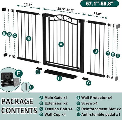 Fairy Baby 57.1"-59.8" Extra Wide Baby Gates with Door, 58 59 Inches Child Gate for Todder Kids, Metal Pressure Mounted Pet Dog Gate, Walk Thru Safety Gate for Doorway Stairs, Black