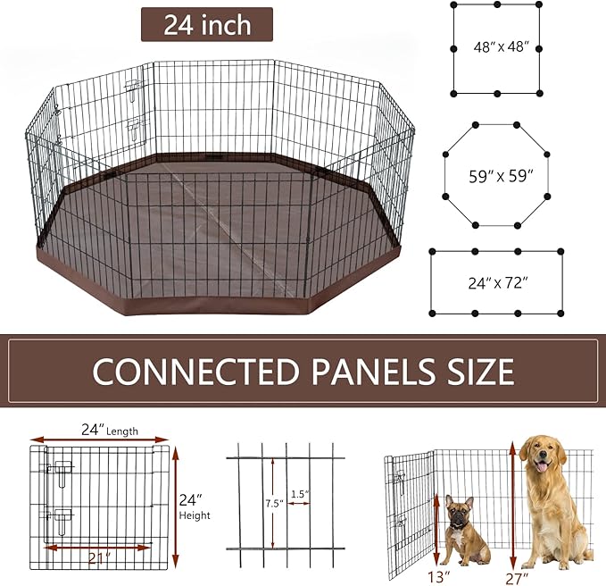 NEZUC Foldable Metal Dog Exercise Playpen Gate Fence Dog Crate 8 Panels 24 Inch Height Puppy Kennels with Top Cover/Bottom Pad for Animals Outdoor Indoor (Playpen+Bottom Pad, Brown, 24" H)