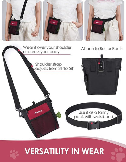 Gobeigo Dog Treat Pouch, Magnetic Closure & Sealable Silicone Bag Insert, 4-Cup Capacity – Belt Clip/Waist Belt/Crossbody Wear, Clicker Included – Great for Pet Training & Walking (Red)