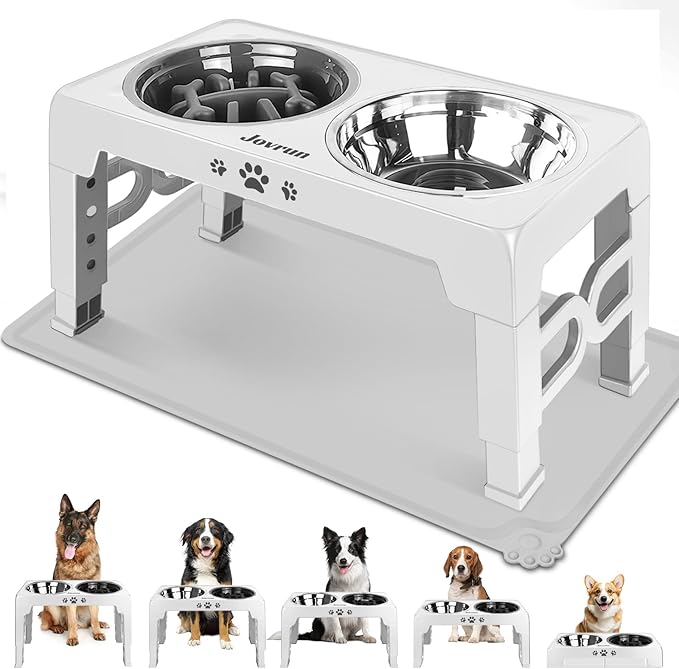Jovrun Elevated Dog Bowls for Medium Size Dogs with Mat, Non-Slip Dog Feeder with 1*Stainless Steel Dishes & 1*Slow Feeder Bowl, 5 Heights Adjustable Raised Bowls for 3.15″-8.66″-9.84″-11.02″-12.2″